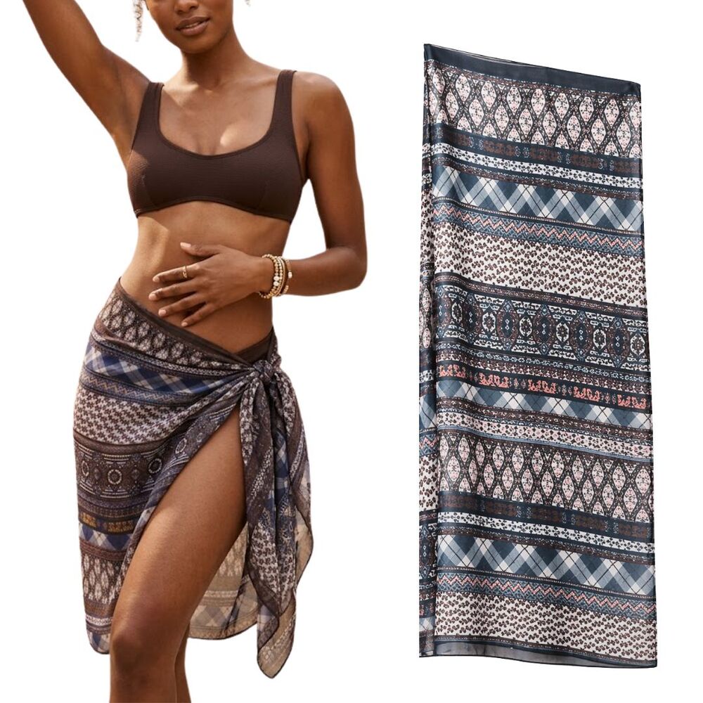 Boho Sheer Navy Sarong Scarf Blue Tribal Print Beach Wrap Cover Up Pareo